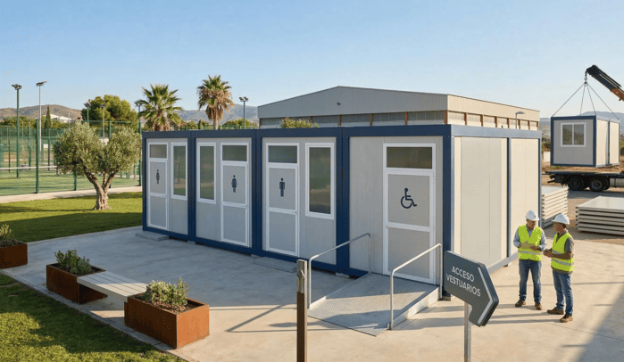 Proceso de instalación de vestuarios modulares en un complejo deportivo con camión grúa y operarios especializados