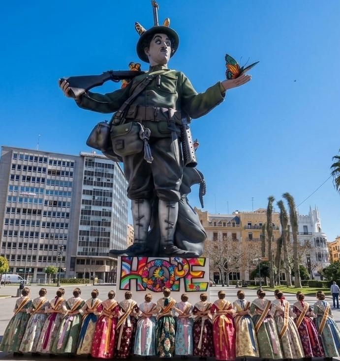 Cabisuar Valencia colabora con las Fallas: falla monumental con la figura de un soldado sosteniendo una mariposa junto al cartel "HOPE", con falleras vestidas de traje tradicional en primer plano